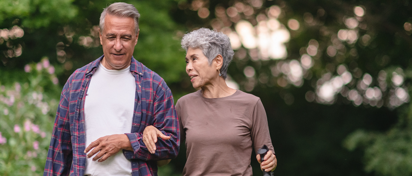 Elderly patients walking and talking. 